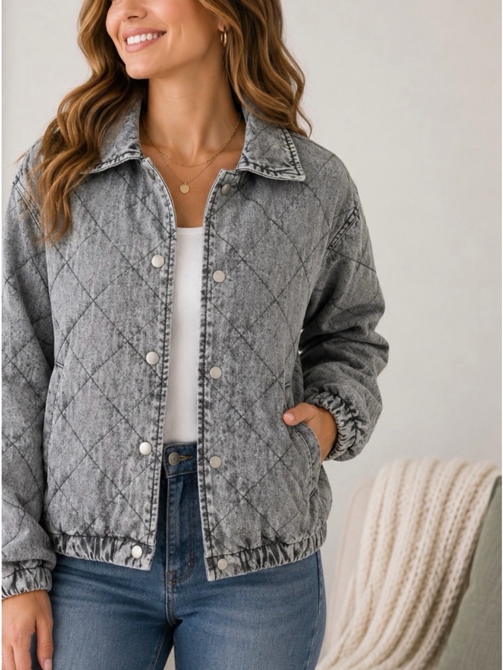 Vigoss Washed Gray Quilted Denim Bomber Jacket